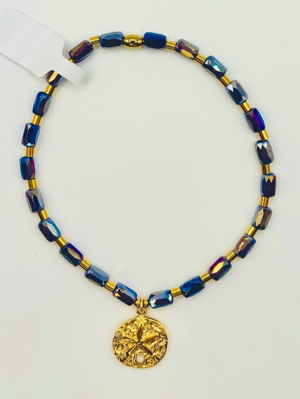 *ANKLET* S. Steel Gold Sand Dollar & AB Dark Purple Crystal Stretchy Anklet - Picture 3 of 6